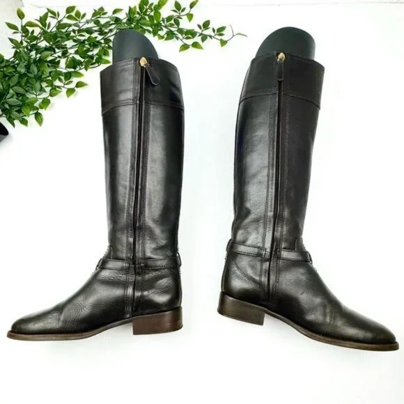 Tory Burch The Eloise Tall logo Riding Boot Leather Deep Brown w Gold details 7 - Picture 3 of 11